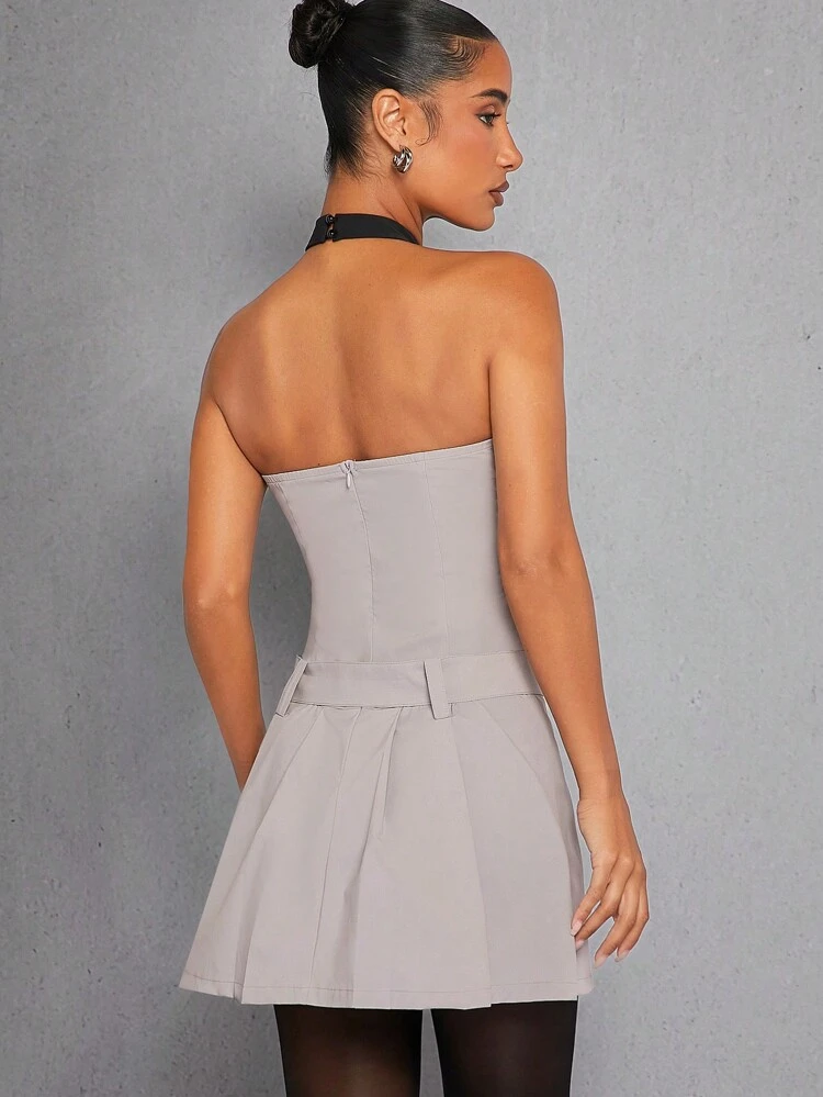 Tie Halter Neck Belted Pleated Dress