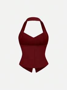 Sweetra Áo ba lỗ cổ yếm thắt eo có nút bấm cho trang phục năm mới - Đỏ - Xem 2