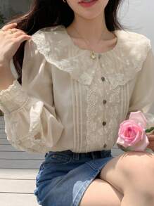 DAZY 撞色蕾丝个性领衬衫长袖上衣 - 杏色 - 查看 3