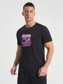 Manfinity Sport Corelite 男友风男士夏季休闲椰子树印花短袖运动T恤 - 黑色 - 查看 3