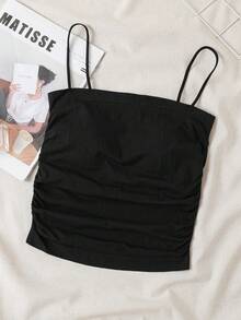 SHEIN Essnce Của phụ nữ Mùa xuân/Mùa hè Màu thuần Xếp li Đệm Áo ba lỗ Với Dây đeo vai có thể điều chỉnh - màu đen - Xem 3