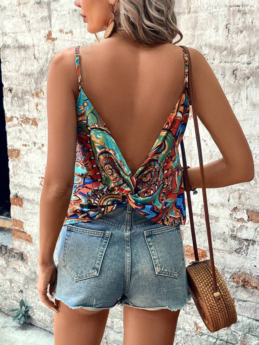 SHEIN LUNE Của phụ nữ Giải trí Và Sành điệu Boho In Xoay lại Top Cây trồng Với Dây đai mỏng Cho mùa hè Kỳ nghỉ - Nhiều màu - Xem 1