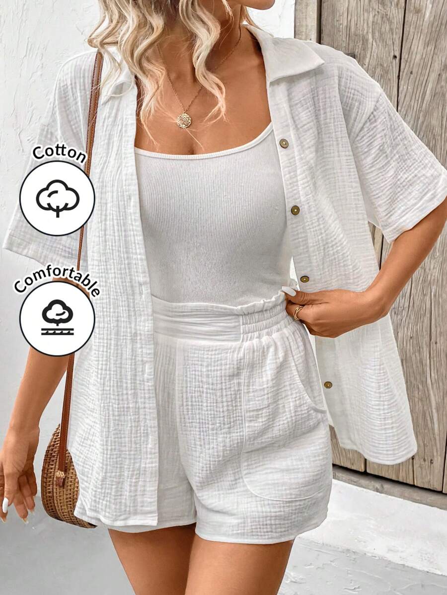 SHEIN Frenchy 女士纯色落肩短袖衬衫和短裤套装夏季两件套服装 - 白色 - 查看 1