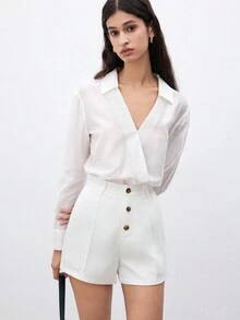 SHEIN Unity Women's Solid Color V-Neck Collar Shirt - White - View 6