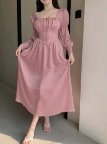 DAZY 女士實色方領氣泡袖腰帶束腰裙 - 珊瑚粉 - 查看 4