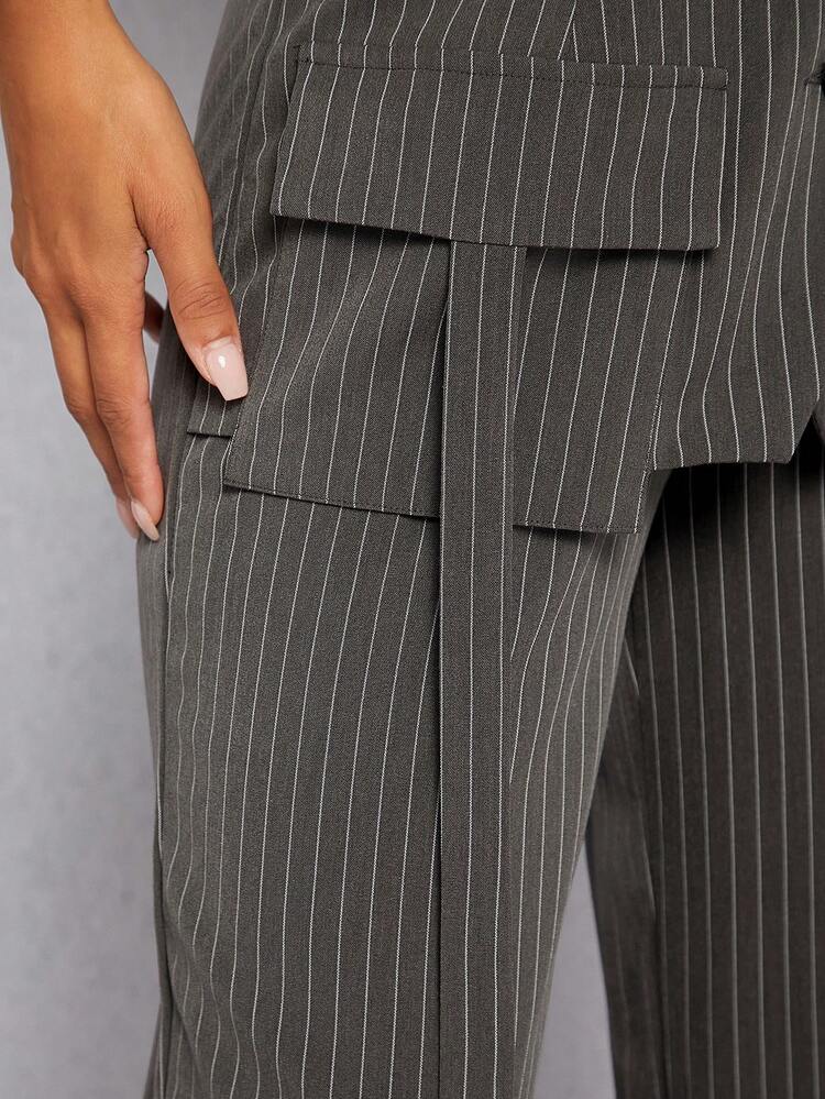 Pinstripe Button Lace Up Back Cargo Pocket Jumpsuit