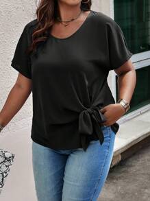 EMERY ROSE 加大尺碼純色圓領打結前衣 - 黑色 - 查看 3