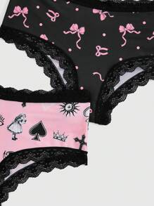 ROMWE Kawaii 3入組蕾絲邊皇冠和蝴蝶結圖案印花三角褲 - 彩色 - 查看 3