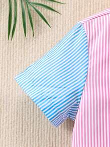 Camisa Listrada De Bloco De Cor Moda Para Meninos Na Época De Verão - Multicolorido - Visão 4