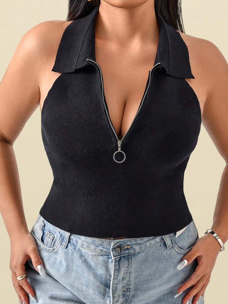 Plus Size Women's Sleeveless Knit Top With Zipper Front & Lapel Collar