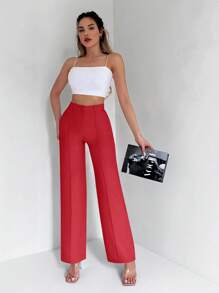 EURMUSE Solid Seam Front Straight Leg Suit Pants - Red - View 5