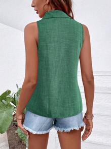 Chiquease Women's Fashionable Summer Solid Color Button Up Lapel Sleeveless Shirt - Mint Green - View 2