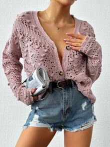 EURMUSE Gilet Tricoté D'été Pour Femme, Élégant, Avec Un Décolleté En V Et Des Évidements - Rose bonbon - Voir 4