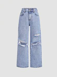 SHEIN Girlism Jeans anchos rasgados lavados para la playa de primavera / verano Y2K para niña preadolescente, ropa de verano para niñas, conjunto para conciertos