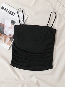 SHEIN Essnce Của phụ nữ Mùa xuân/Mùa hè Màu thuần Xếp li Đệm Áo ba lỗ Với Dây đeo vai có thể điều chỉnh - màu đen - Xem 4