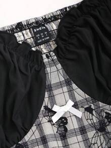 Sweetra 夏季休閒格紋拼接褶皺泡泡袖襯衫,適用於外出穿著 - 彩色 - 查看 3