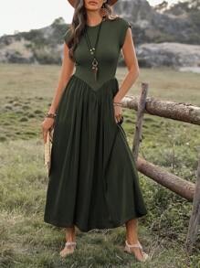 SHEIN LUNE Vestido casual largo de manga corta con cuello redondo para mujer, atuendo maxi de verano para mujeres - Verde militar - Ver 3