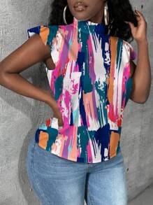 Slaydiva 扎染短款盖袖立领修身女式衬衫 - 白色 - 查看 3