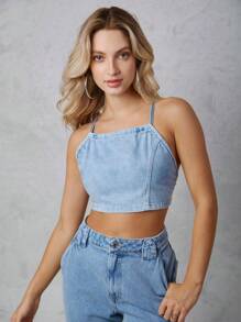 SHEIN 輕度水洗藍牛仔後背繫帶吊帶上衣 - 藍色 - 查看 1
