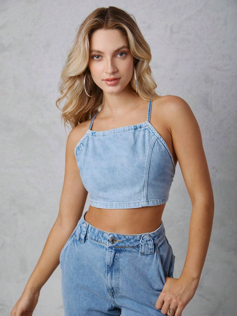 SHEIN 輕度水洗藍牛仔後背繫帶吊帶上衣 - 藍色 - 查看 1