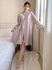 DAZY Phong cách Nhật  Kimono ÁO choàng mặc nhà Với Trang trí Dệt Ruy băng - Bụi tím - Xem 4