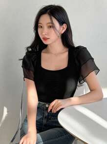 DAZY 女式方领荷叶边短袖T恤、短款上衣