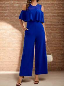 SHEIN Clasi Ladies' Cold Shoulder Lace Splicing Jumpsuit - Blue - View 1