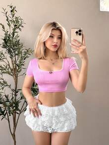 SHEIN Sweetina Women's Summer Short Sleeve Cropped Top With 3d Flower Decoration - Pink - View 4