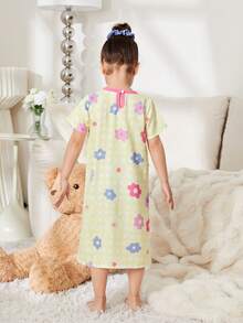 年輕少女可愛的方格紋短袖睡衣連花印圓領設計 - 黃色 - 查看 2