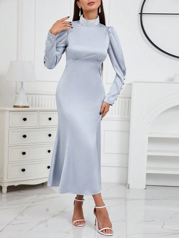 Spring Women's Stand Collar Waist Cinched Mermaid Hem Dress Suitable For Party