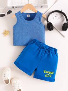 SHEIN 女童两件套休闲运动无袖上衣和字母印花短裤夏季时尚套装 - 寶藍色 - 查看 1