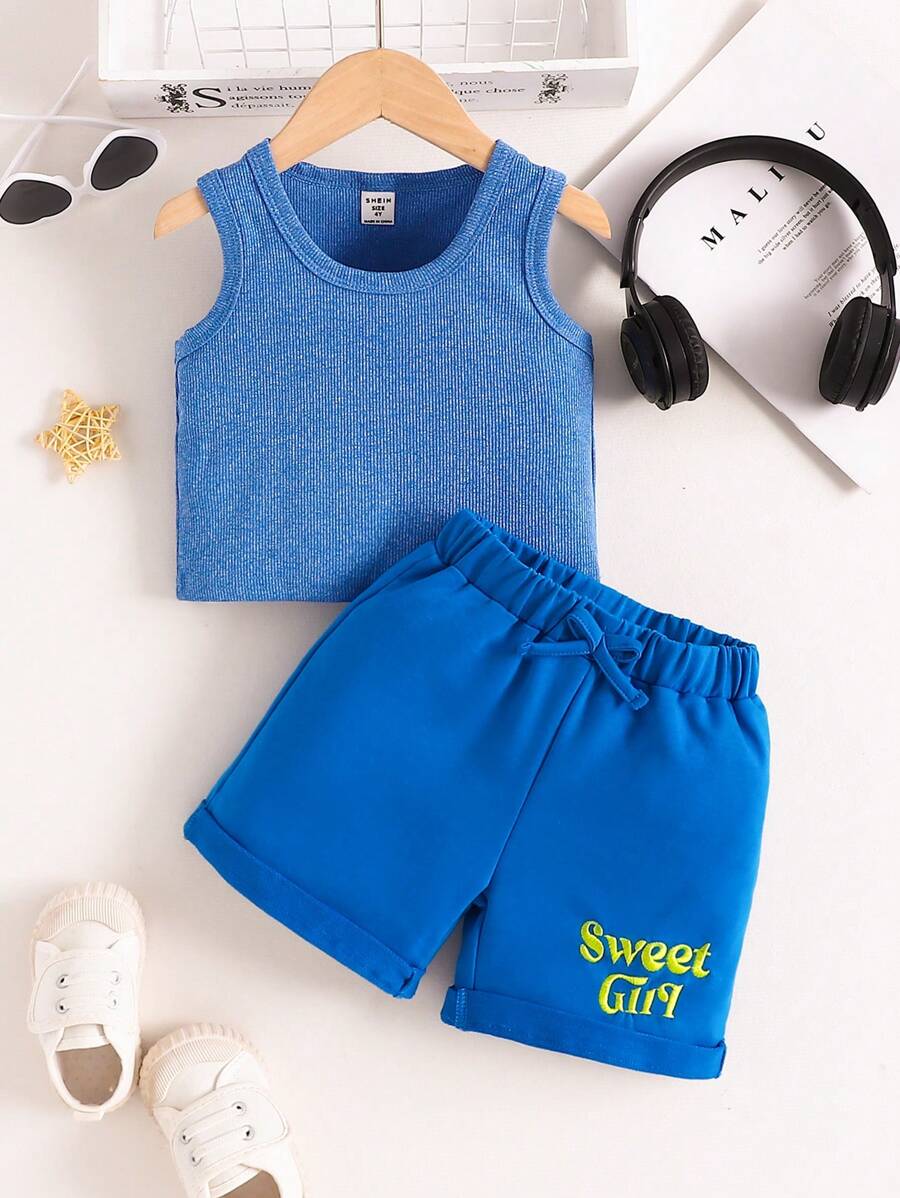 SHEIN 女童两件套休闲运动无袖上衣和字母印花短裤夏季时尚套装 - 寶藍色 - 查看 1