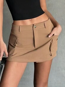 SHEIN EZwear Women's Solid Color Flip Pocket Casual Skorts For Summer - Apricot - View 4