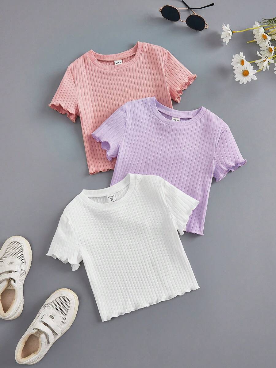 SHEIN Tween Girl 3 cái/bộ Áo thun ngắn tay cổ tròn màu trơn thông thường thoải mái - Màu tím hoa cà - Xem 1