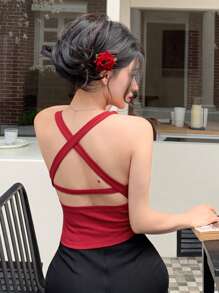 DAZY Women's Summer Round Neck Slim Fit Hollow Out Back Cross Strap Tank Top - Red - View 7