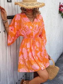 SHEIN LUNE 女士夏季休閒寬鬆花卉印花假日連衣裙 - 亮橙色 - 查看 5