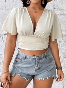 Celure 大碼夏季休閒v領荷葉袖短上衣 - 杏色 - 查看 5