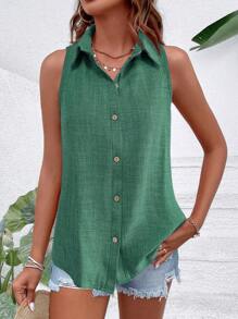 Chiquease Women's Fashionable Summer Solid Color Button Up Lapel Sleeveless Shirt - Mint Green - View 5