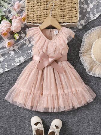 Baby Girl's Cute & Elegant A-Line Polka Dot Mesh Splice Sleeveless Dress With Gathered Waist, Spring/Summer