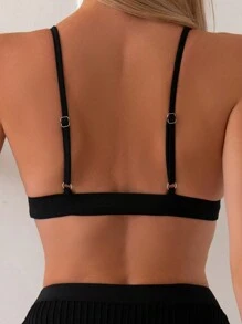 SHEIN Swim Ladies' Solid Color Ribbed Knit Bikini Set Summer Beach - Black - View 5