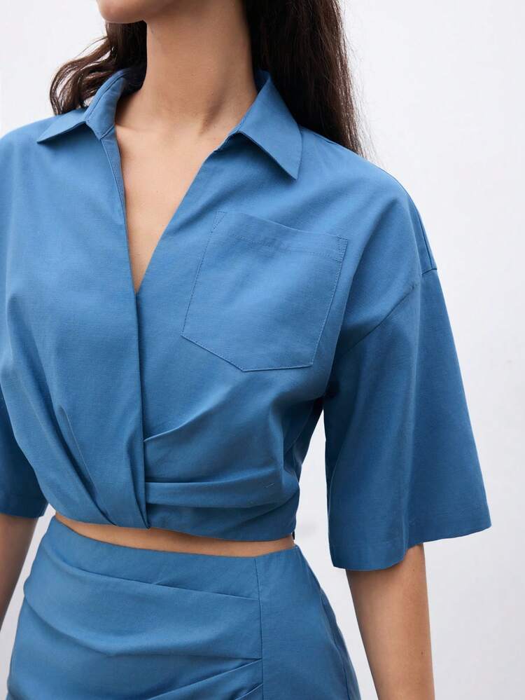 Summer Short Sleeve Top With Attached Pocket And Printed Skirt, Casual And Commute Style