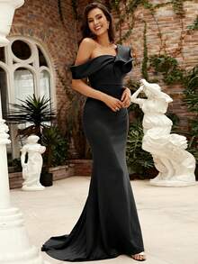 Missord Women's Solid Color Minimalist Oblique Shoulder Formal Party Dress - Black - View 6