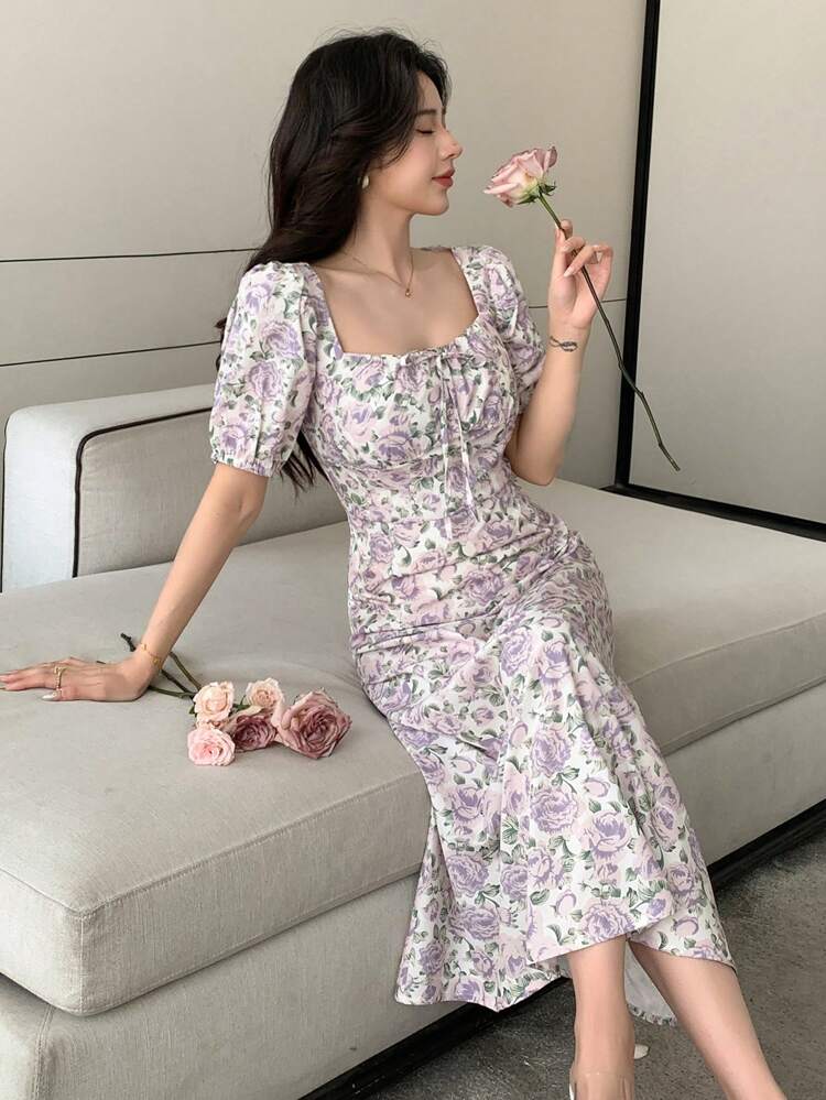 Summer Full Flower Print Square Neckline & Tie Waist Long Puff Sleeve Dress Sundress Vacation Outfits Women Floral Dress Boho
