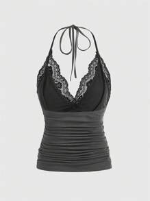 ROMWE PUNK Contrast Lace Halter Top - Dark Grey - View 2