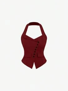 Sweetra Áo ba lỗ cổ yếm thắt eo có nút bấm cho trang phục năm mới - Đỏ - Xem 1