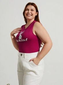 SHEIN Earth Day Fanverse Picks Plus Cartoon And Slogan Graphic Tight Sleeveless Tank Top - Hot Pink - View 5