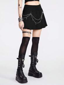 ROMWE Goth 女式y2k風格低腰百褶裙,配有金屬十字鏈裝飾,適合夏季穿著 - 黑色 - 查看 3