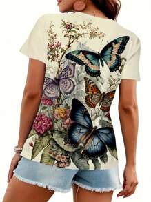 INAWLY Áo thun nữ cổ tròn tay ngắn in hình bướm mùa hè - Màu vàng - Xem 2