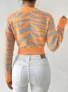 SHEIN LUNE Tiger Pattern Cropped Sweater, Knit Pullover Fall Winter - Multicolor - View 2