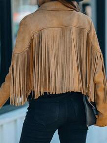 Astylish Women Western Wear Long Sleeve Fringe Open Front Faux Suede Moto Jacket Festival